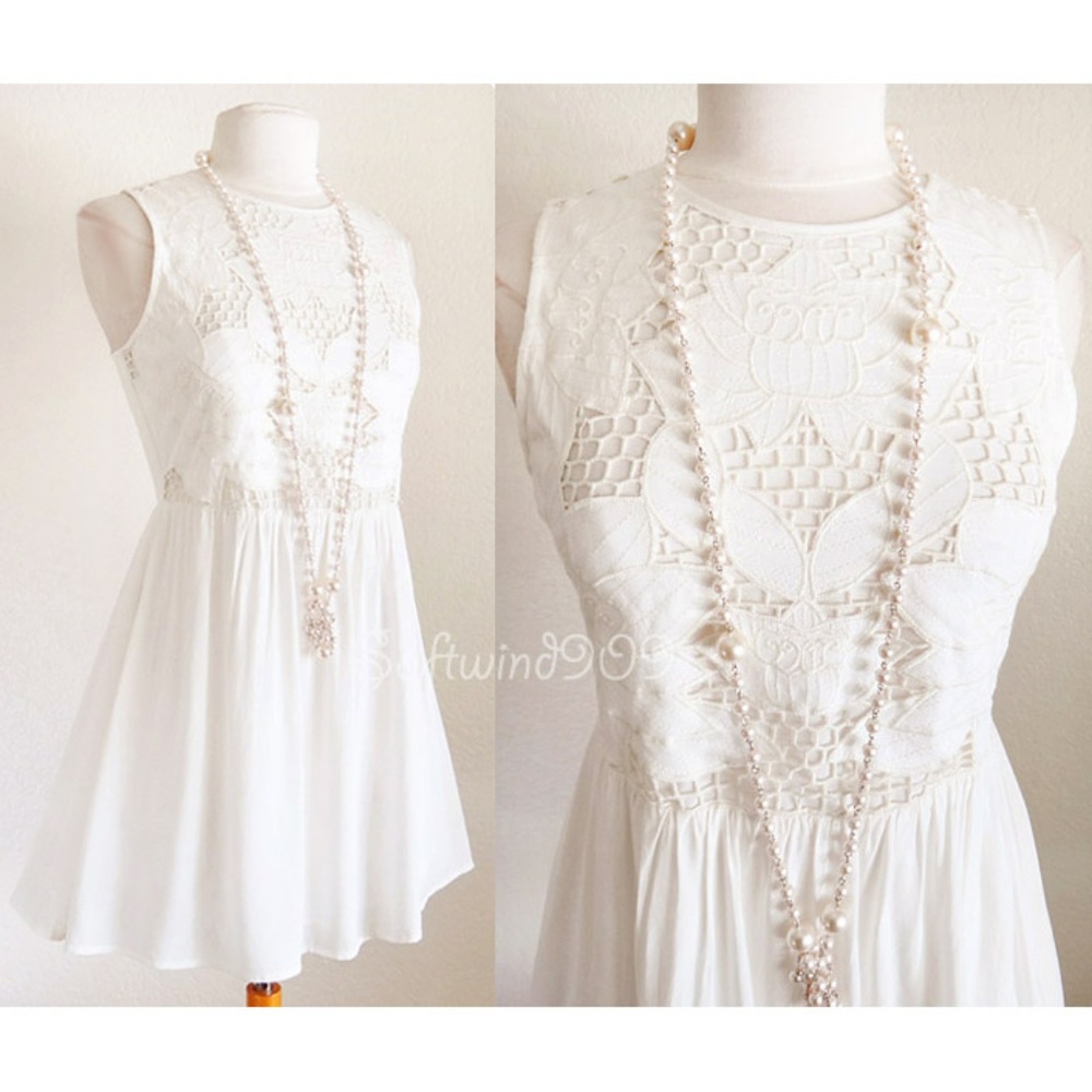 Ivory Cream Lotus Floral Embroidery Babydoll Dress - Picture 3 of 8